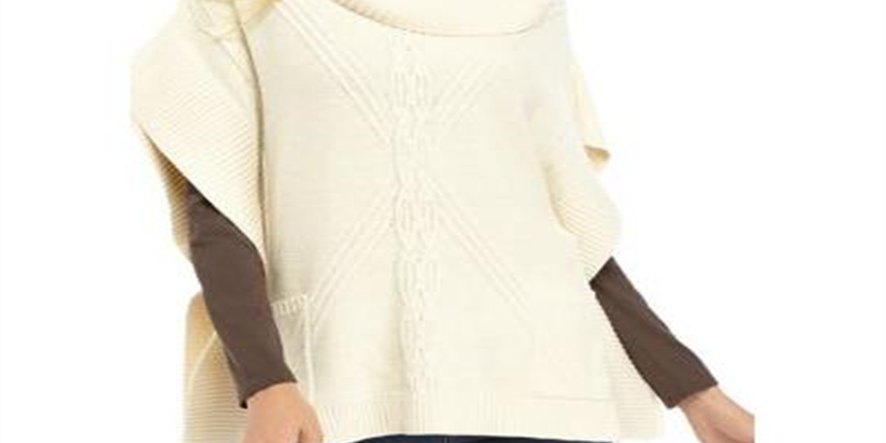 Anne Klein Women's Cowl Neck Mixed Stitch Poncho Sweater Pearl White Size 2XS
