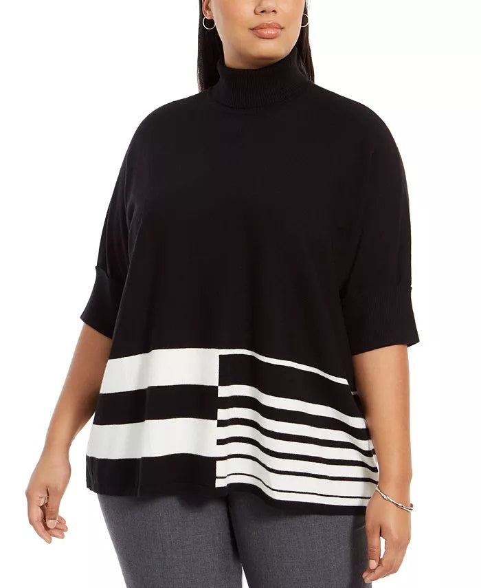 Alfani Women's Plus Colorblocked Turtleneck Poncho Black/White Size XL