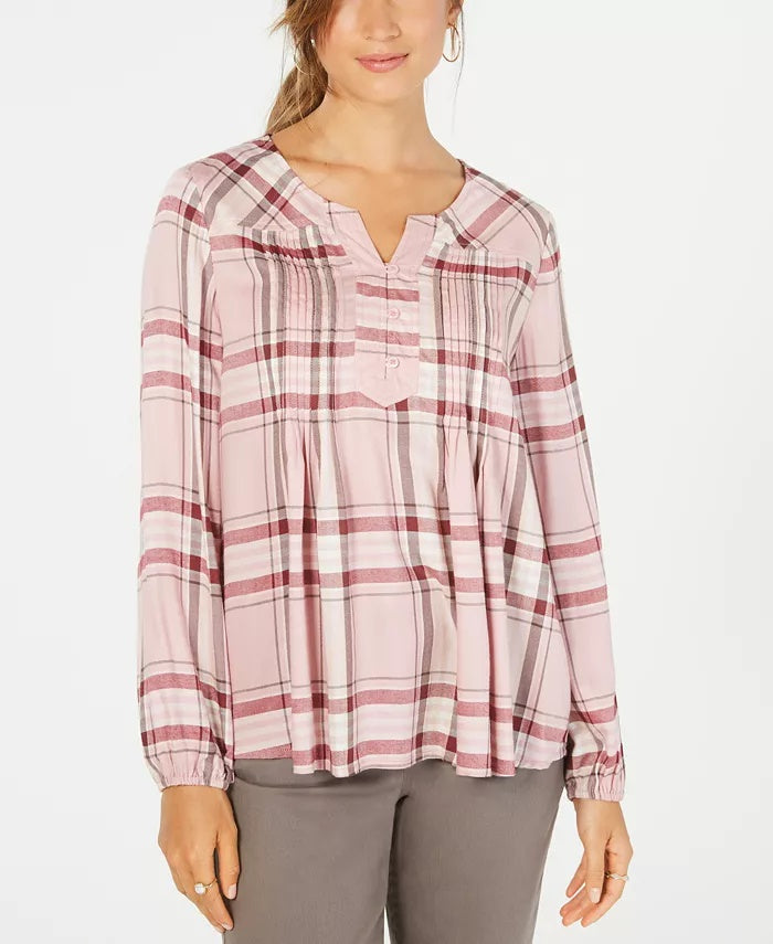 Style & Co Women's Plaid Split-Neck Top Red Size XX-Large