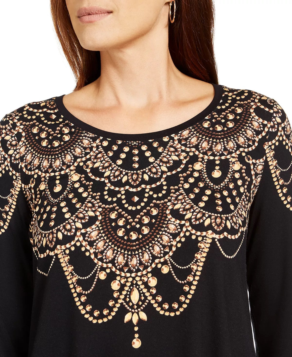 JM Collection Women's Printed Metallic Trim Top Black Size Small