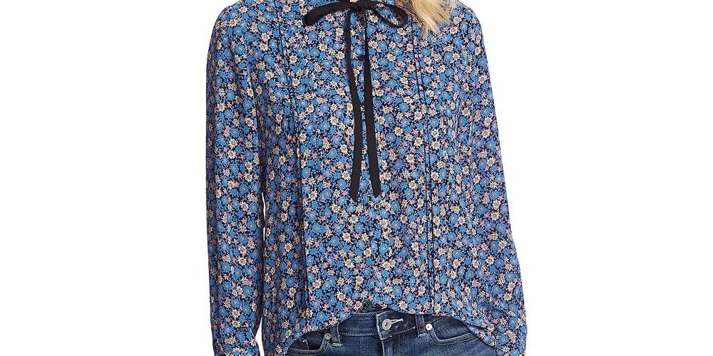 CeCe Women's Floral Cluster Tie Neck Blouse Blue Size Large