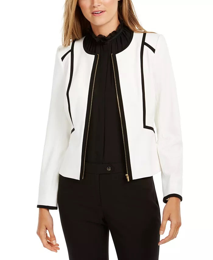 Calvin Klein Women's Piped Zip Front Jacket   White & Black Size 10