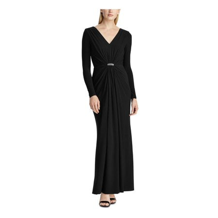 Ralph Lauren Women's Rhinestone Long Sleeve V Neck Maxi Fit Flare Evening Dress Black Size 12