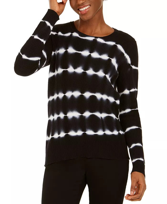 INC International Concepts Women's Petite Cotton Tie-Dyed Striped Sweater Black Size Petite L