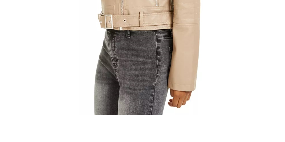 Collection B Junior's  Faux Leather Belted Moto Jacket Beige  Size Medium