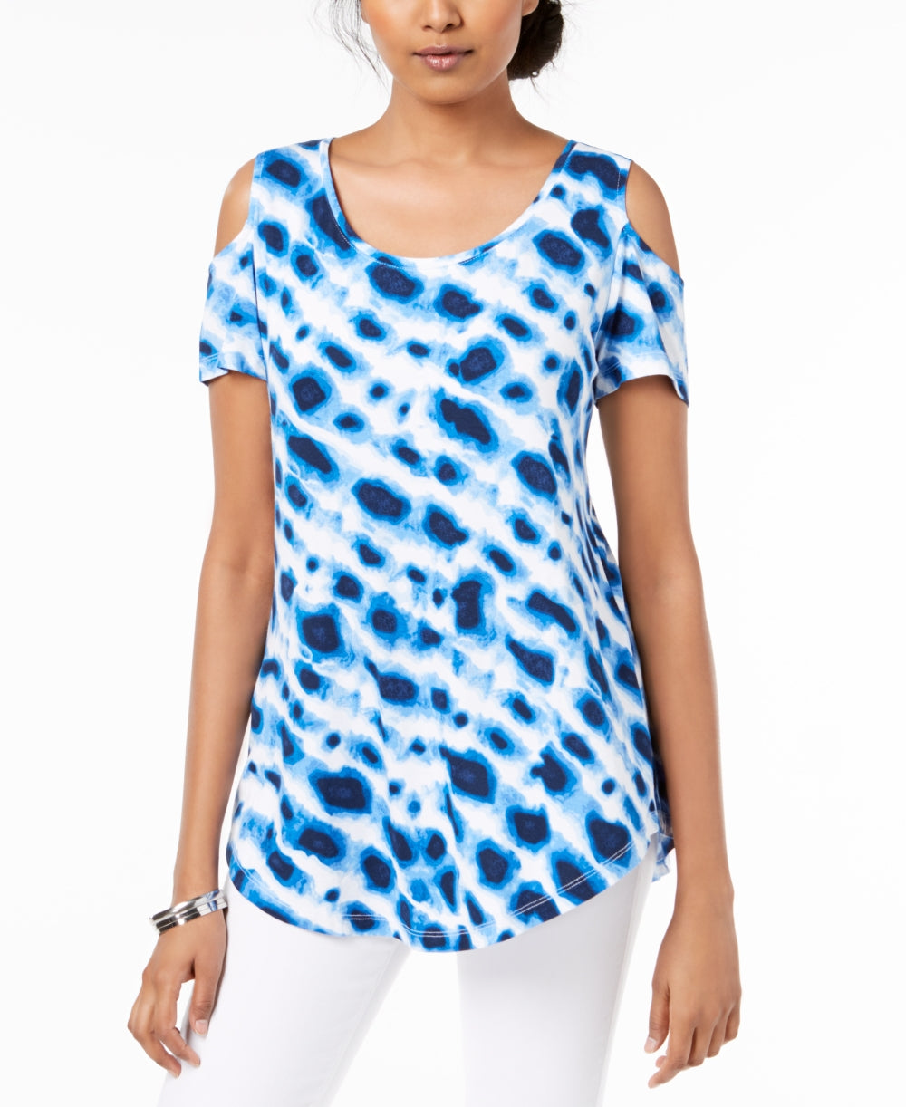 JM Collection Women's Printed Cold Shoulder Top Blue Size Small