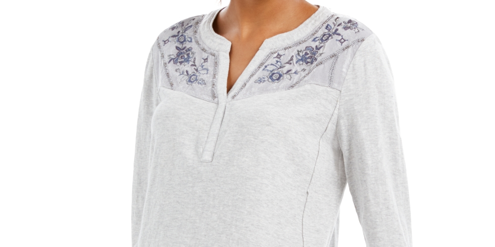 Style & Co Women's Embroidered Yoke Roll Tab Sleeve Top Blue Size Medium