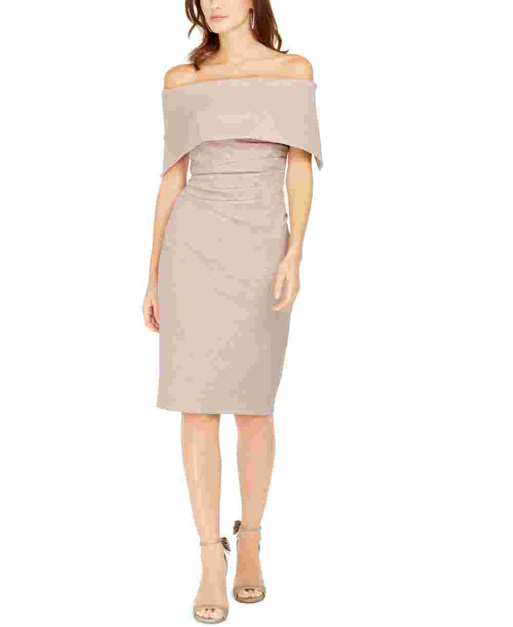 Vince Camuto Women's Glitter Zippered Short Sleeve Off Shoulder Below The Knee Sheath Evening Dress Brown Size 14