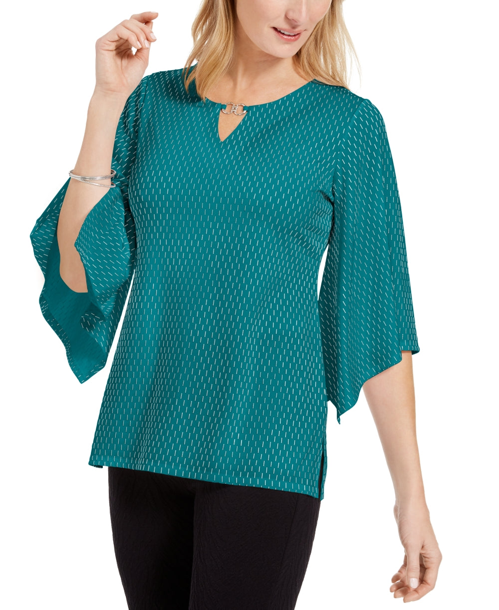 JM Collection Women's Embellished Flared Sleeve Top Blue Size Small