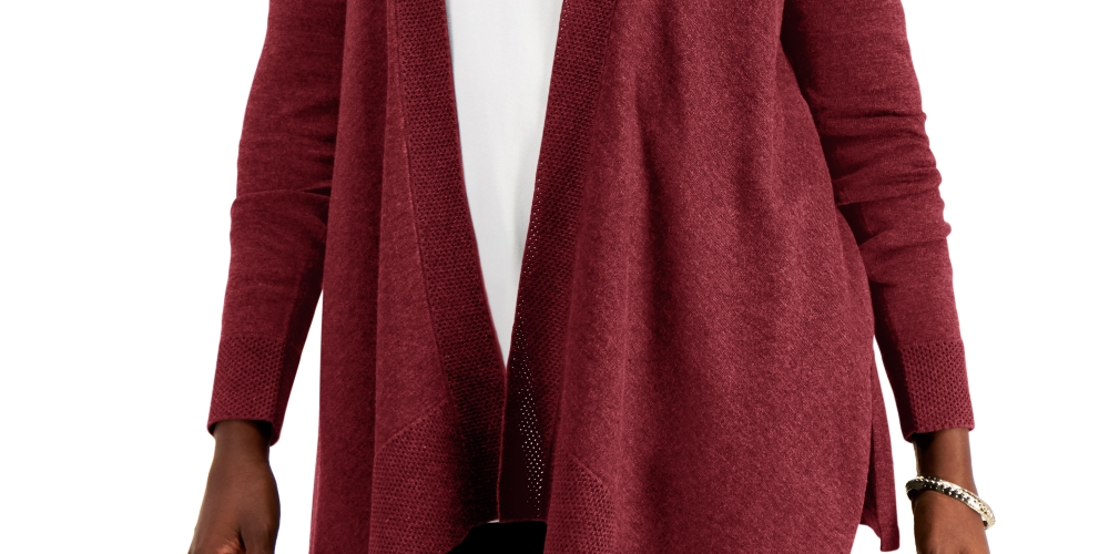 JM Collection Women's Textured Hem Cascade Front Cardigan Red Size Large
