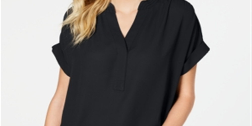 Charter Club Women's Split Neck Short Sleeve Top Black Size Small