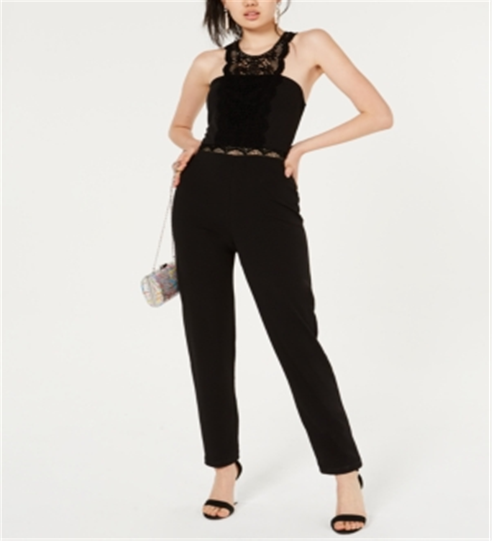 City Studios Women's Lace Solid Sleeveless Halter Skinny Jumpsuit Black Size 1