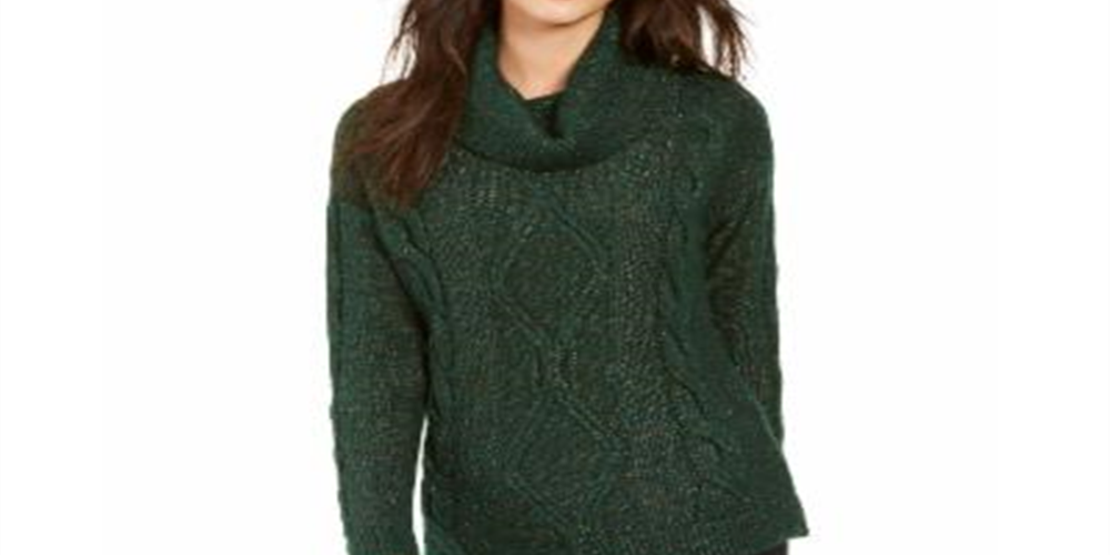 Charter Club Women's Cowl Neck Cable Knit Glitter Sweater Green Size X-Small