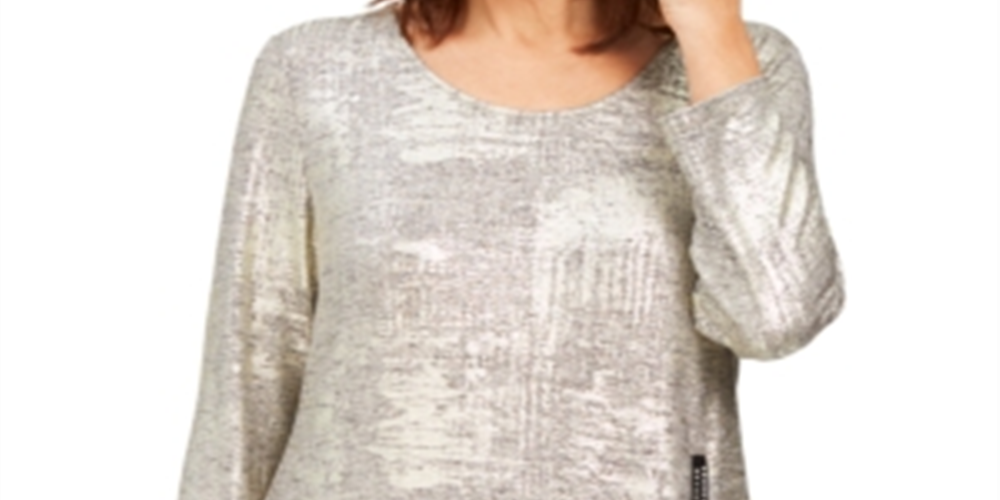 JM Collection Women's Metallic Foiled Top Yellow Size Large