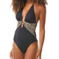 Carmen Marc Valvo Women's Printed Halter One Piece Swimsuit Black Size 8