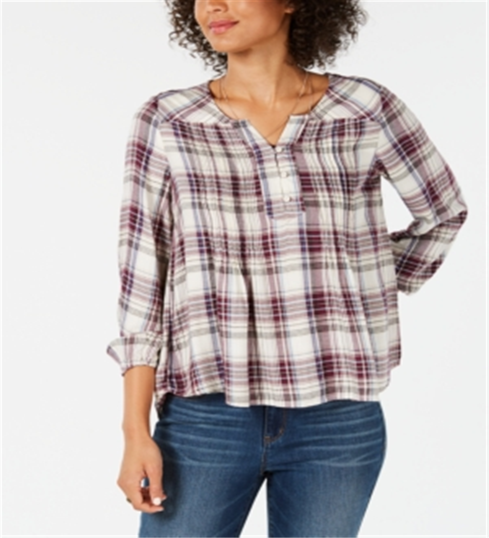 Style & Co.Women's Plaid Split Neck Top Purple Size Medium