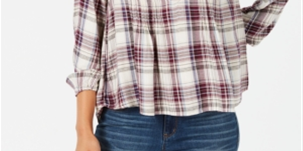 Style & Co.Women's Plaid Split Neck Top Purple Size Medium