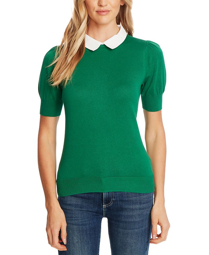 CeCe Women's Short Sleeve Collared Sweater Green Size M