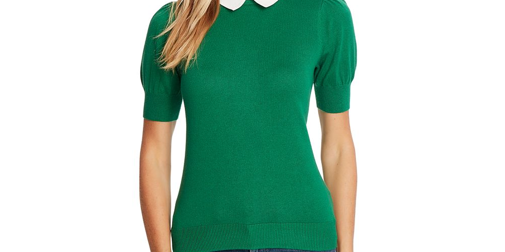 CeCe Women's Short Sleeve Collared Sweater Green Size M