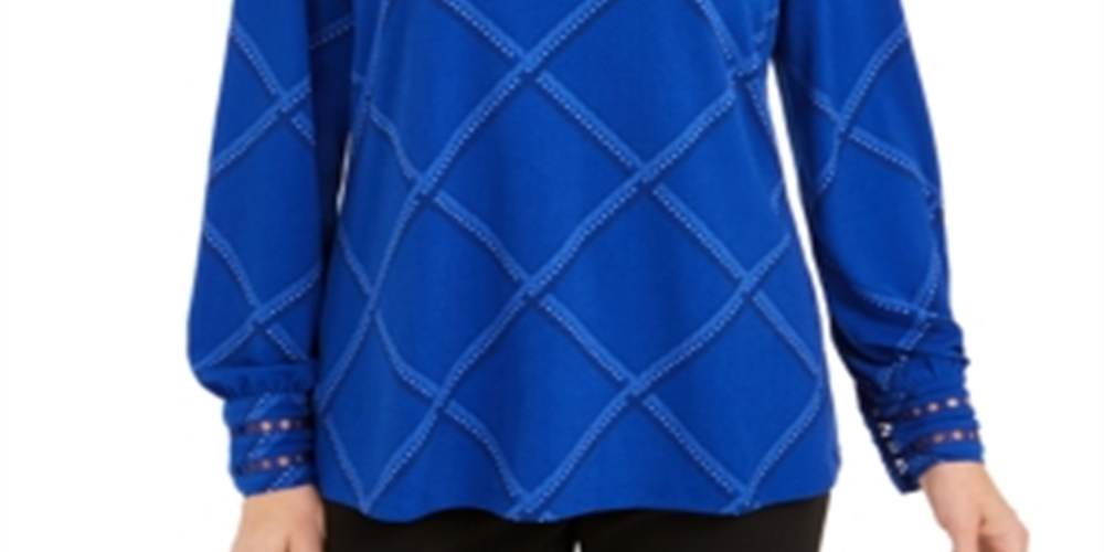 Charter Club Women's Plaid Embroidered Cuff Top Blue Size Petite XL