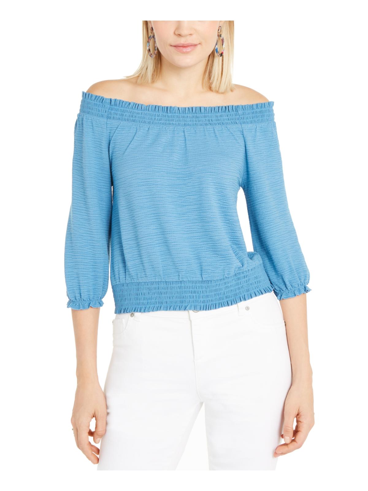 INC International Concepts Women's Off the Shoulder Crinkled Peasant Top Blue Size X-Large
