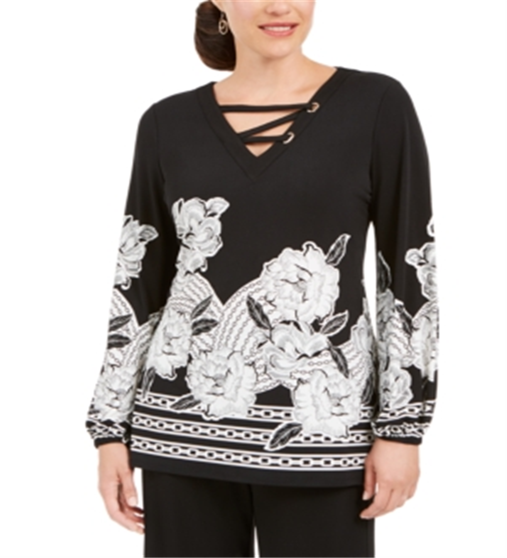 JM Collection Women's Laced Grommet Neck Top Black Size Medium