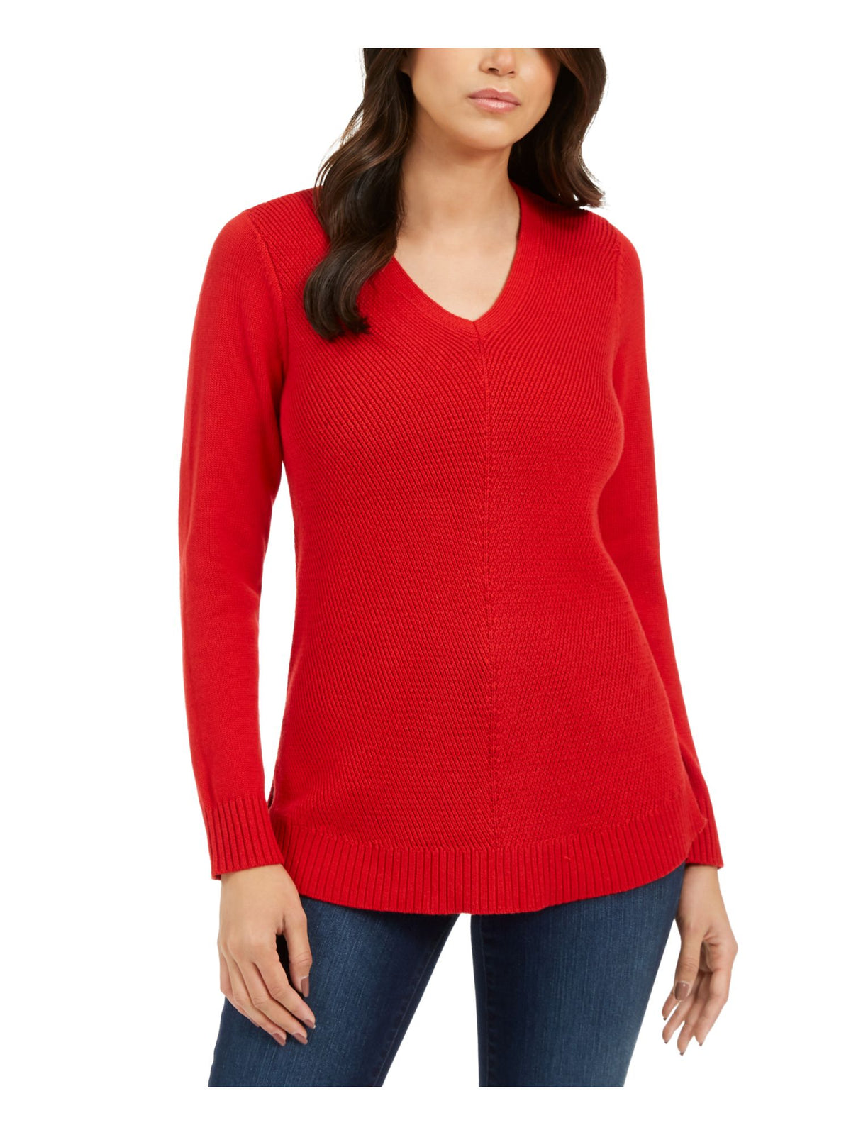 Charter Club Women's Ribbed Solid Long Sleeve V Neck T-Shirt Sweater Red Size Petite Small