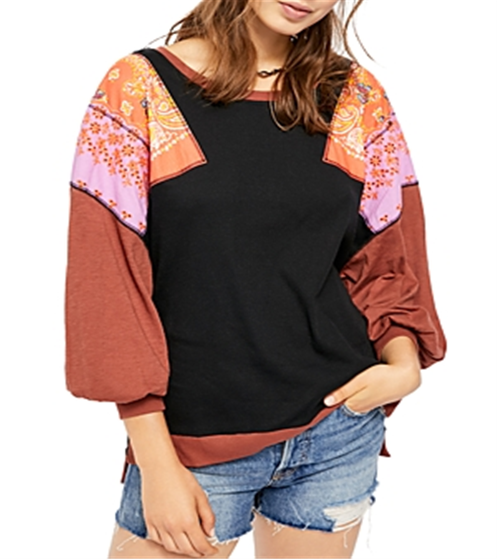Free People Women's Feelin It Boho Patchwork T-Shirt Black Size X-Small
