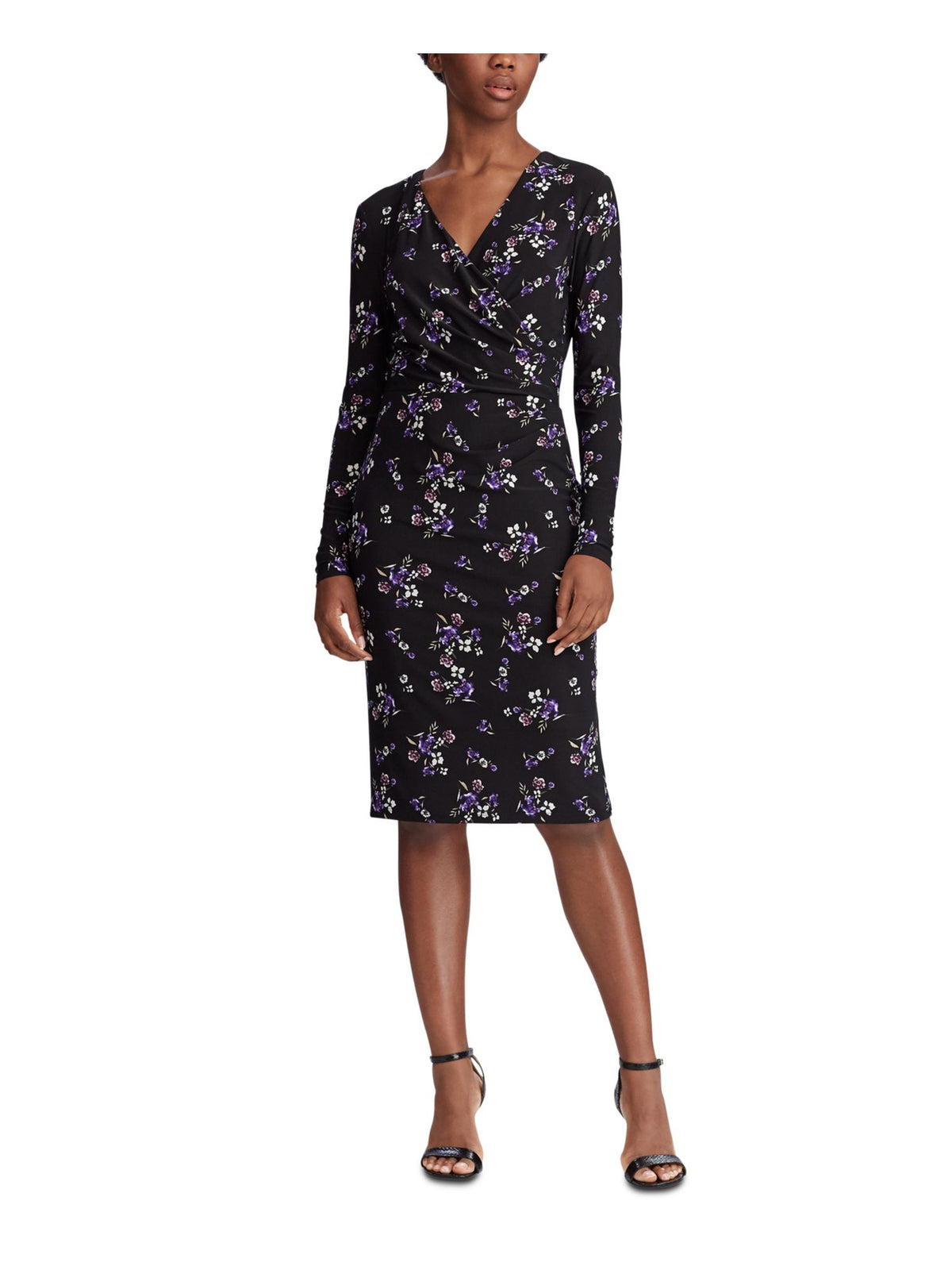 Ralph Lauren Women's Floral Long Sleeve V Neck Knee Length Wrap Dress Black Size 10
