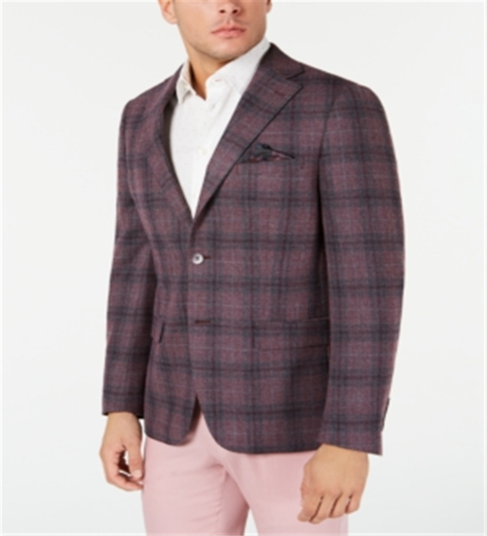 Tallia Men's Slim Fit Plaid Sport Coat Gray Size 48