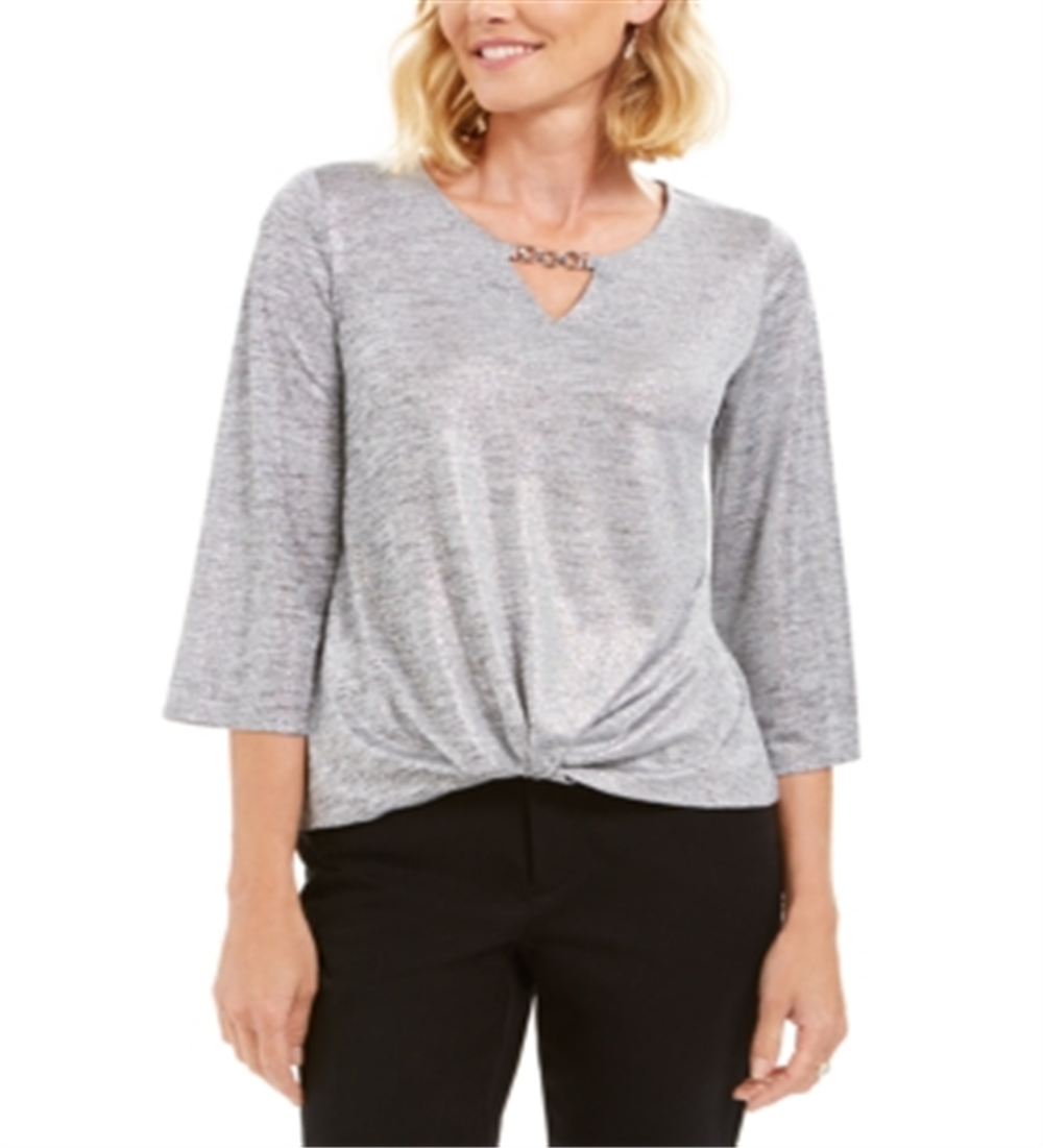JM Collection Women's Twist Hem Metallic Top Silver Size Petite XL