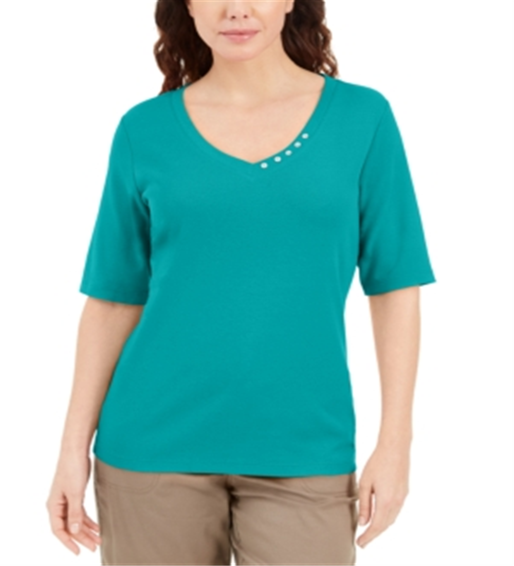 Karen Scott Women's Button Detail V Neck Top -Blue Size M