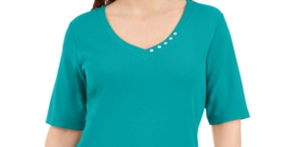 Karen Scott Women's Button Detail V Neck Top -Blue Size M