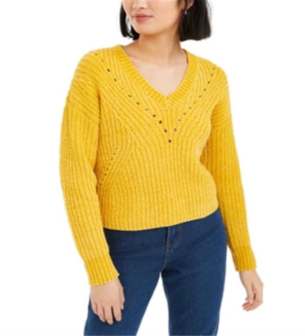 Bar III Women's Eyelet V Neck Crop Sweater Yellow Size Large