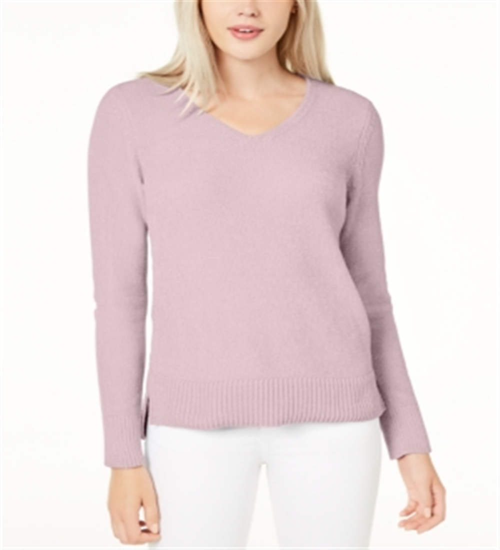 Maison Jules Women's Chenille Hi-Low V Neck Pullover Sweater Pink Size Medium