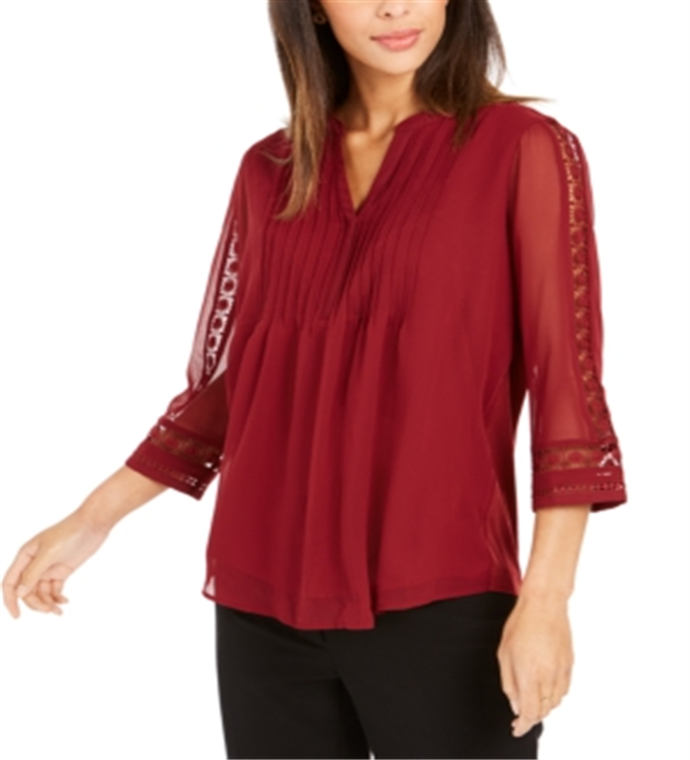 Charter Club Women's Petite Sheer Sleeve Pintuck Top Carriage Red Size Petite L