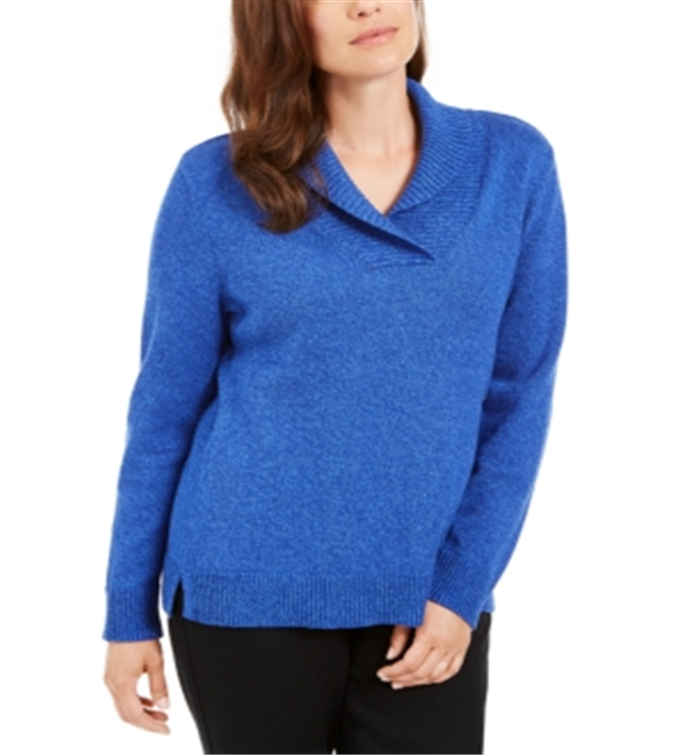 Karen Scott Women's Cotton Marled Shawl Collar Sweater Blue Size Small