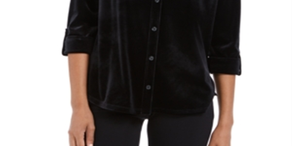 Charter Club Women's Button Front Velvet Top Black Size Petite X-Large