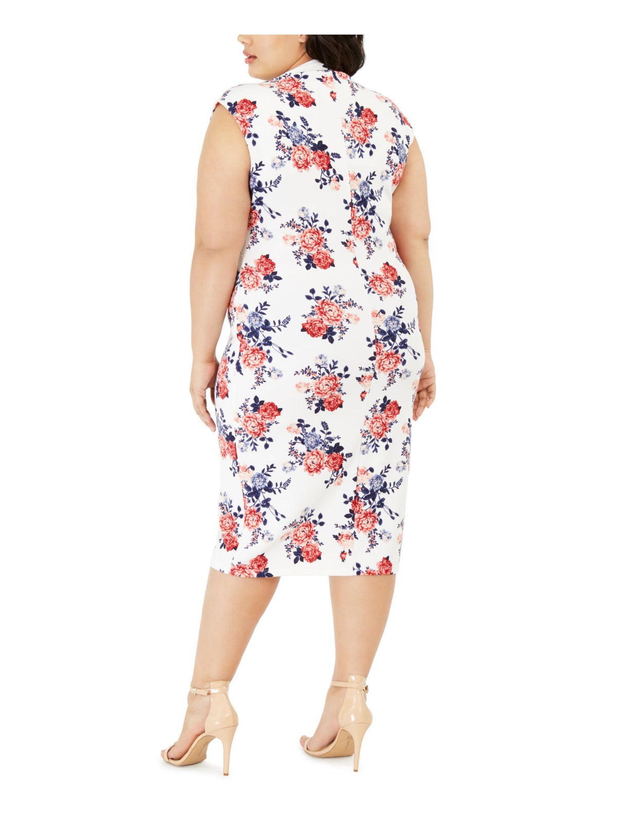 CRAVE FAME Women's Floral Cap Sleeve V Neck Below the Knee Sheath Dress Ivory Combo Size 2X