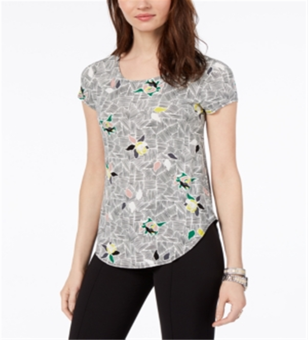 Alfani Women's Printed Round Hem T-Shirt Black Size Petite S