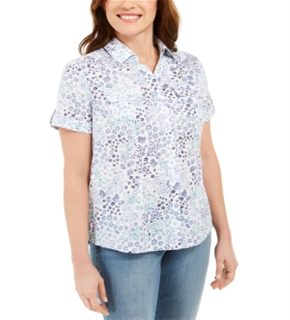 Karen Scott Women's Petite Cotton Printed Clip-Dot Crisp Teal Size PL