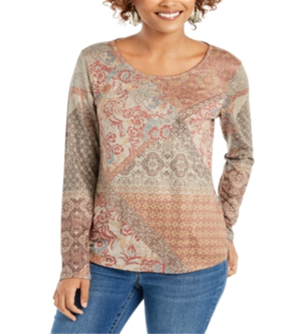 Style & Co Women's Knit Printed Long Sleeve Scoop Neck Top Brown Size Small