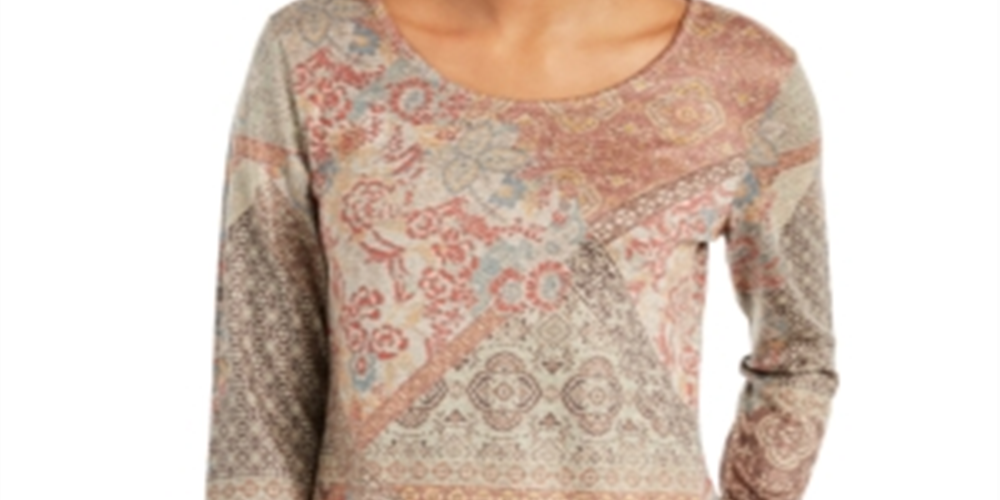 Style & Co Women's Knit Printed Long Sleeve Scoop Neck Top Brown Size Small
