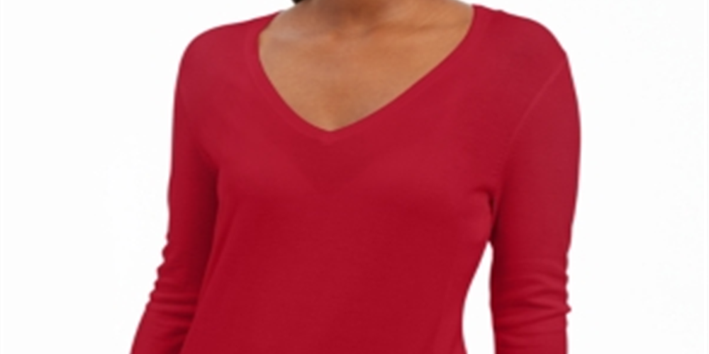JM Collection Women's Embellished Sleeve V Neck Sweater Red Size X-Small