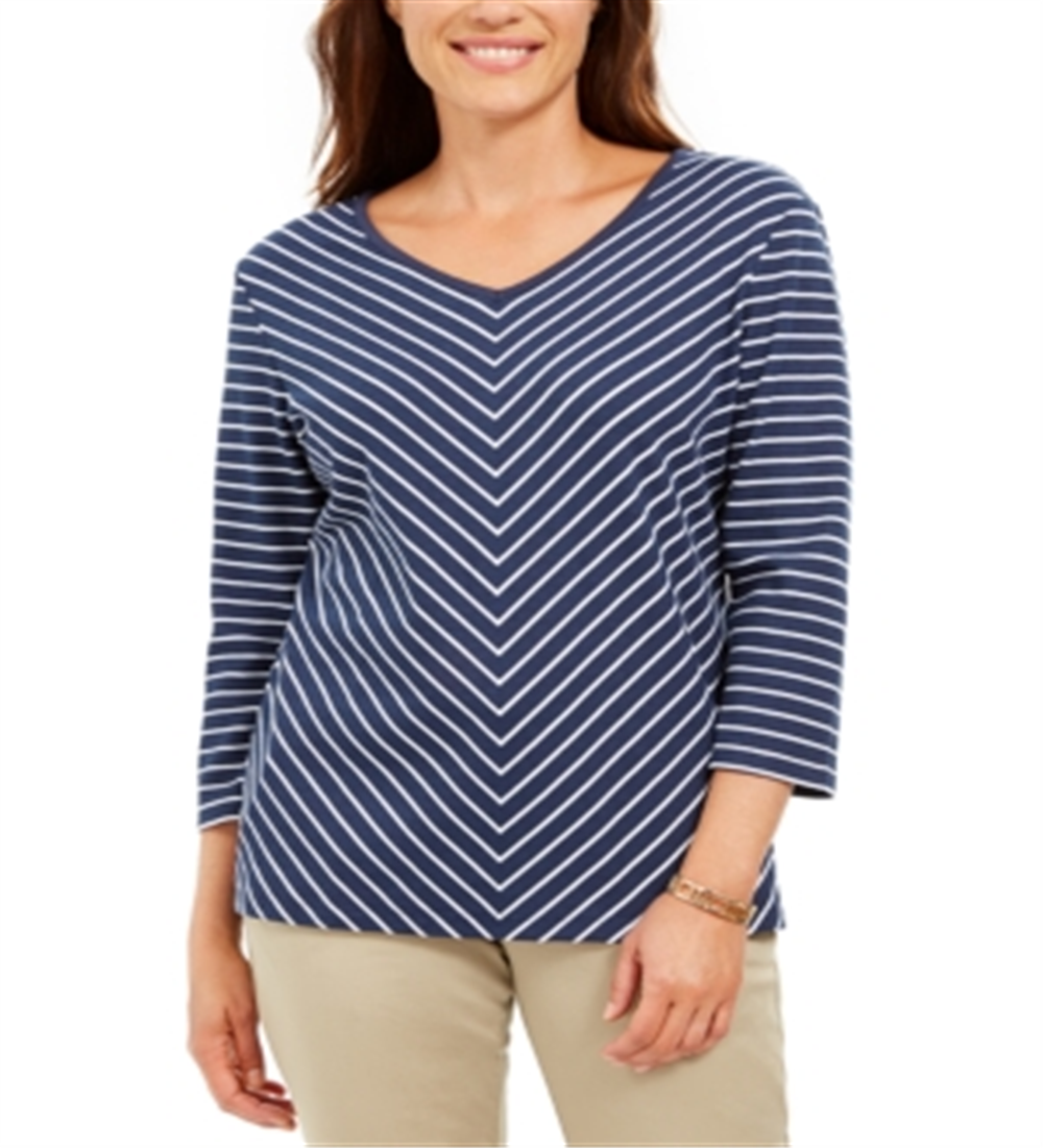 Karen Scott Women's Petite Striped Top  Intrepid Blue Size Petite S