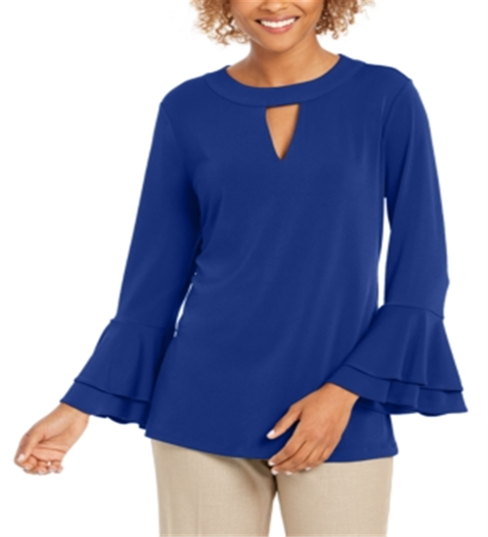 Charter Club Women's Bell-Sleeve Keyhole Top  - Modern Blue Blue Size Large