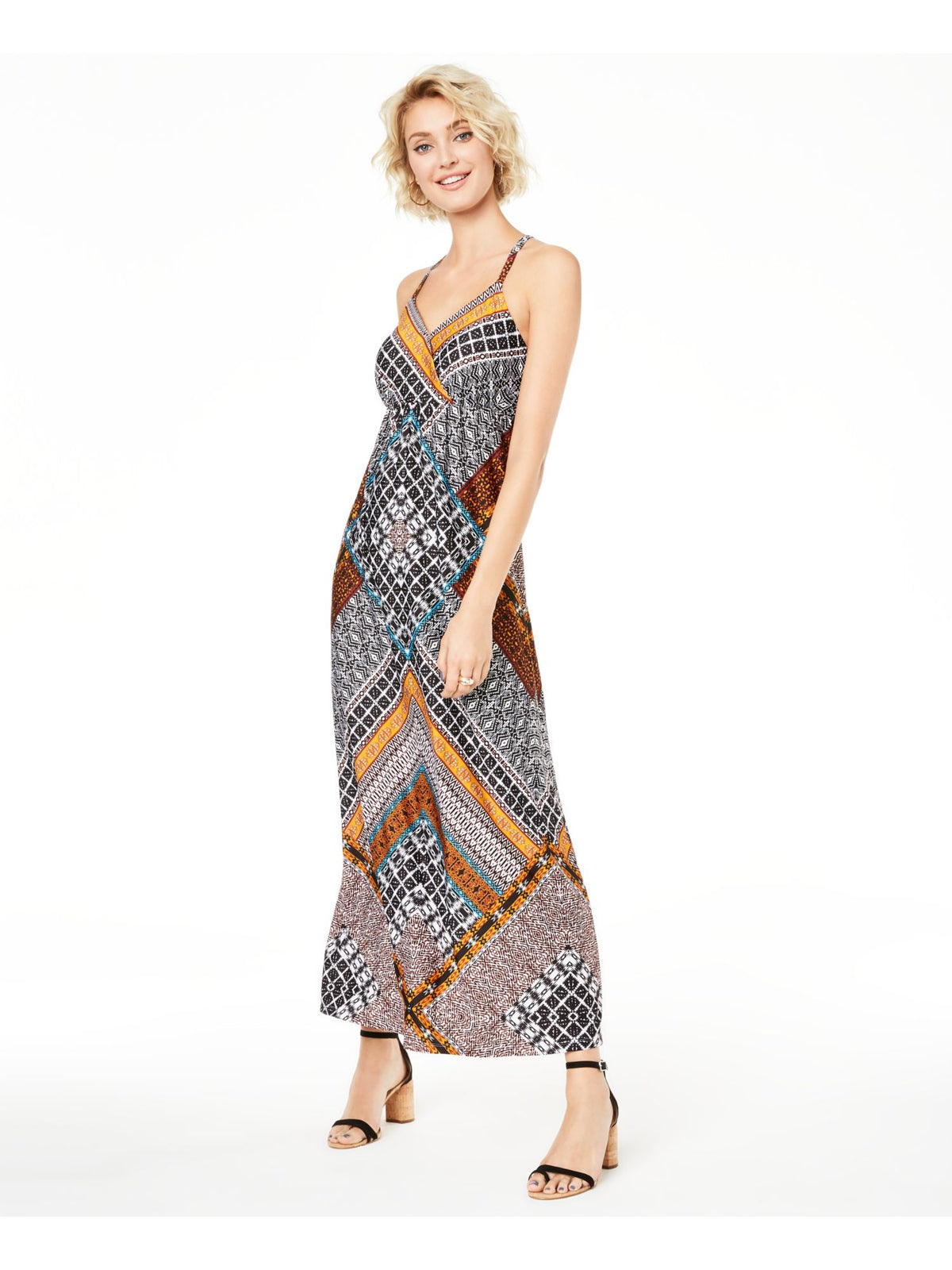 INC Women's Printed Sleeveless V Neck Maxi Sheath Dress Black  Size XL