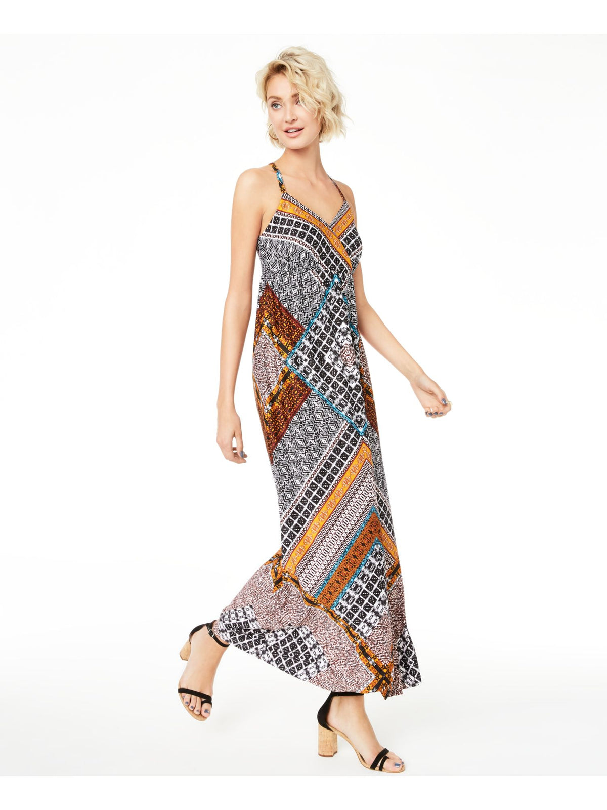 INC Women's Printed Sleeveless V Neck Maxi Sheath Dress Black  Size XL
