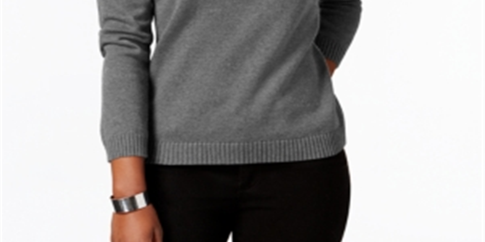 Karen Scott Women's  Hardware V-Neck Cotton Sweater  - Charcoal Heather Black Size Medium