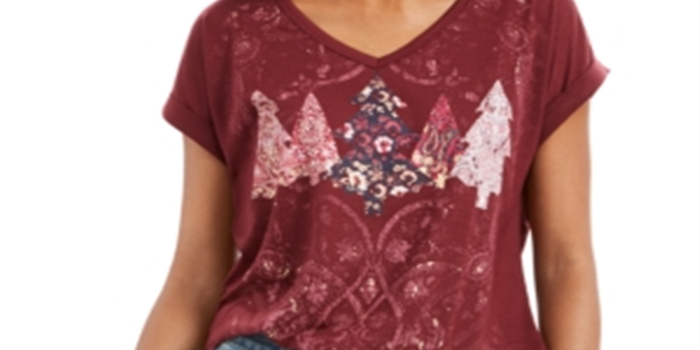 Style & Co Women's Tree Graphic Top Wine  Size Petite S